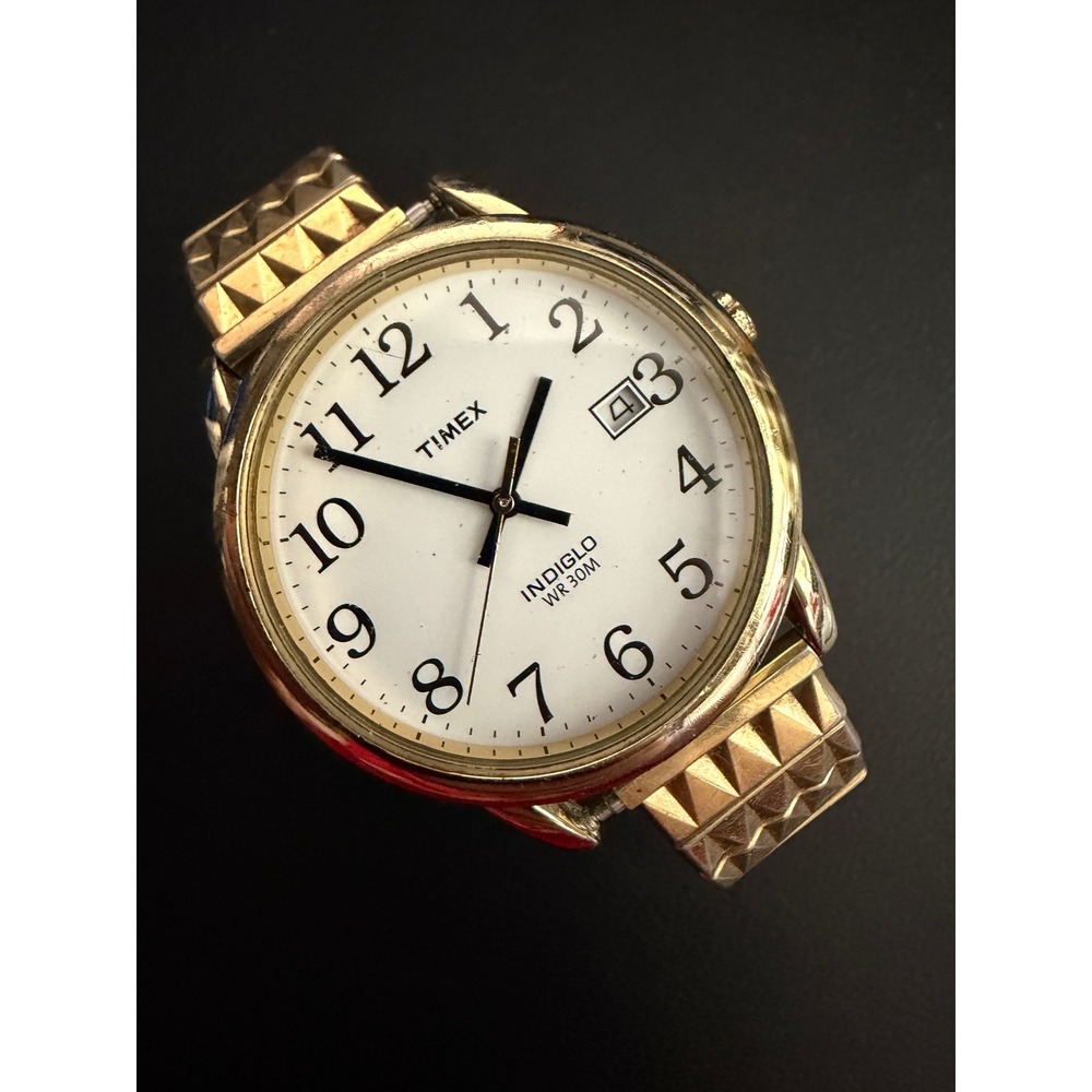 Timex Indiglo WR 30M Watch Gold Tone White Dial Speidel Expansion Band 1650